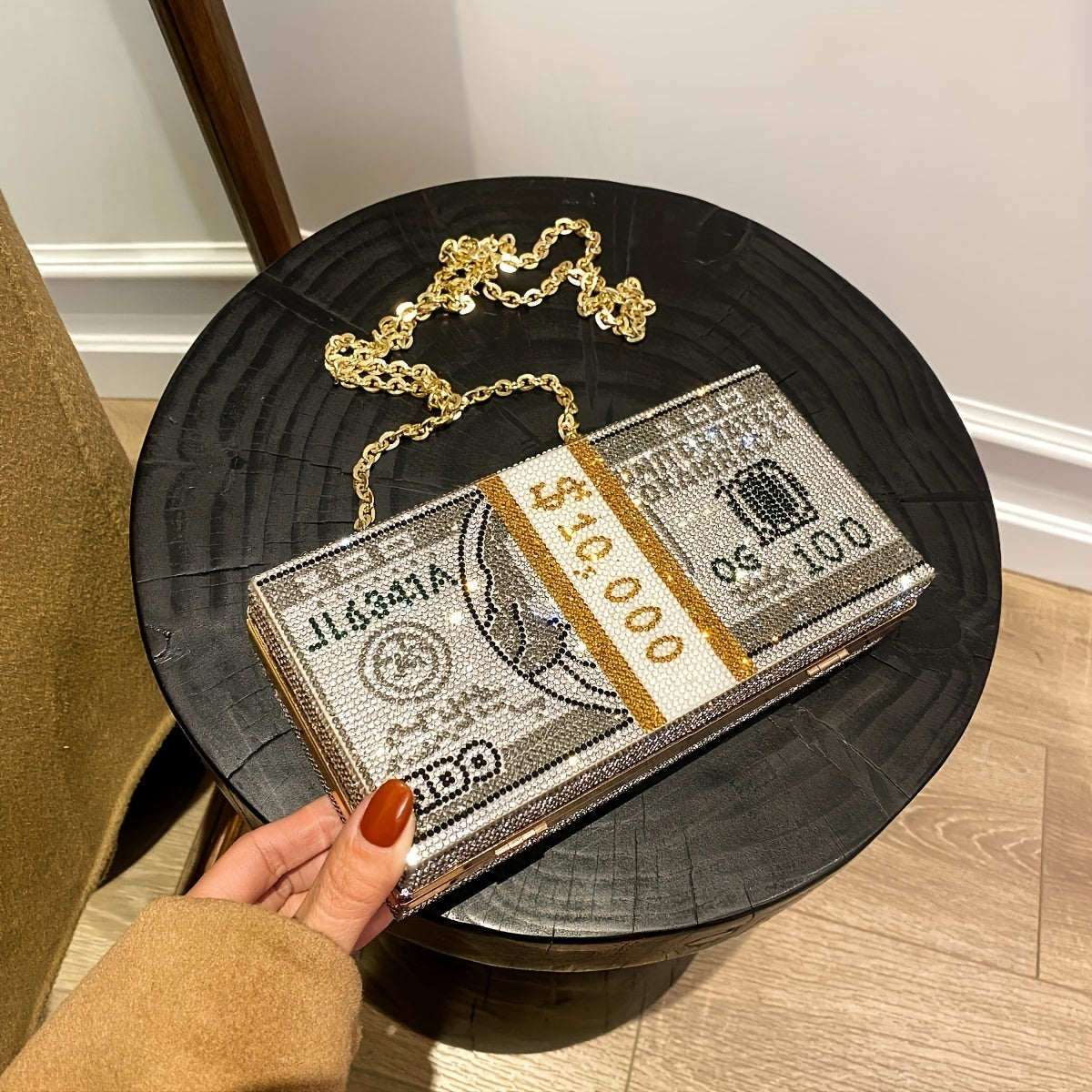 Fashion Dollar Bill Design Clutch - Rhinestone Evening Bag, Creative Personalized Handbag With Chain Shoulder Strap, Small Party Crossbody Purse, Bag - For Women - Perfect for Parties & Special Occasions - Ideal Gift